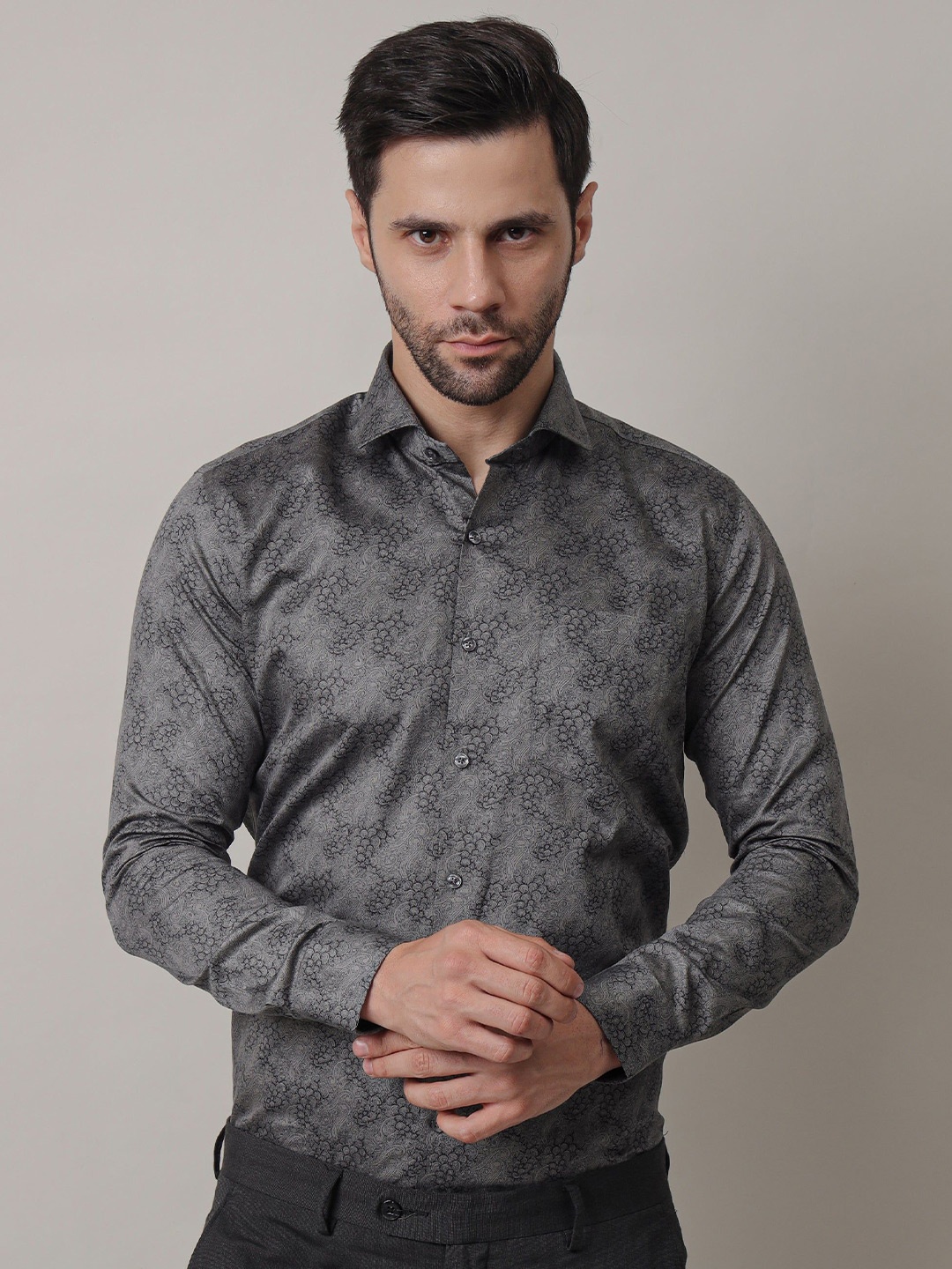 

John Philips Men India Slim Spread Collar Abstract Printed Cotton Formal Shirt, Charcoal