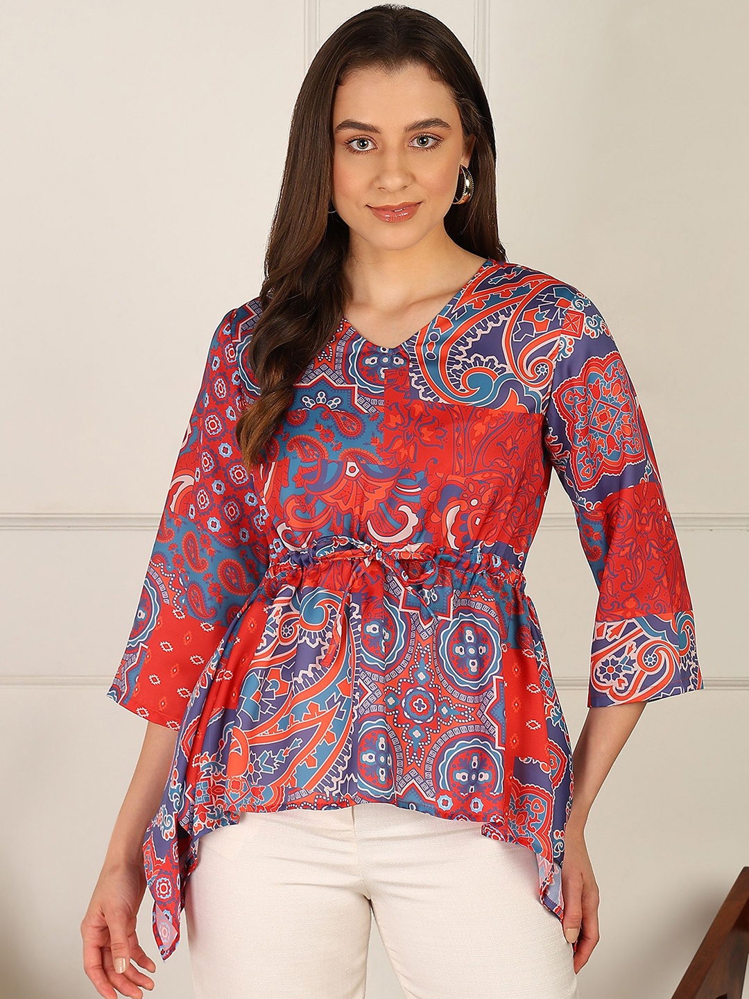 

DressBerry Women Ethnic Motifs Printed V-Neck Top, Red