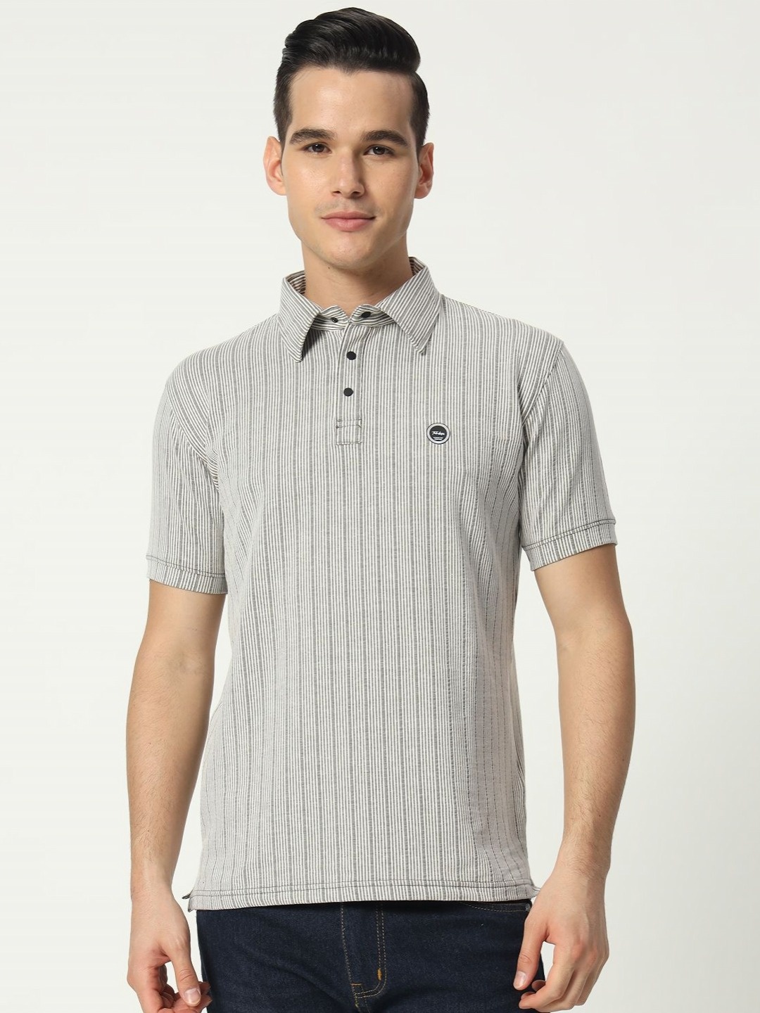

TAB91 Men Striped Polo Collar Cotton T-shirt, Grey