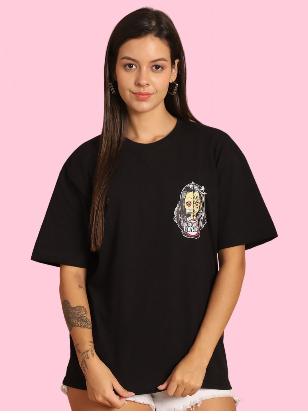 

Tromko Women Graphic Printed Round Neck Cotton Oversized T-shirt, Black