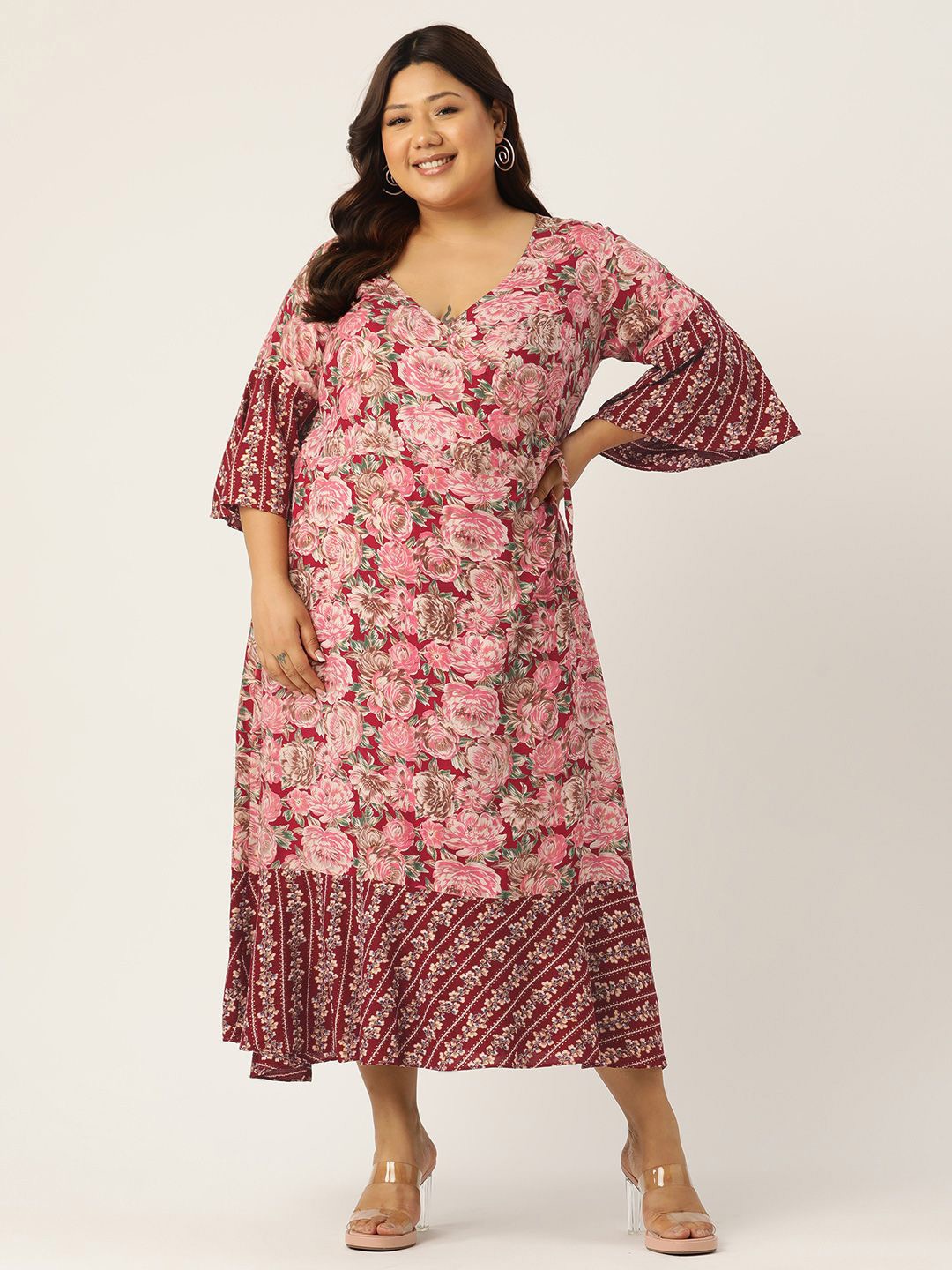 

theRebelinme Women Plus Size Floral Print Wrap Midi Dress, Maroon