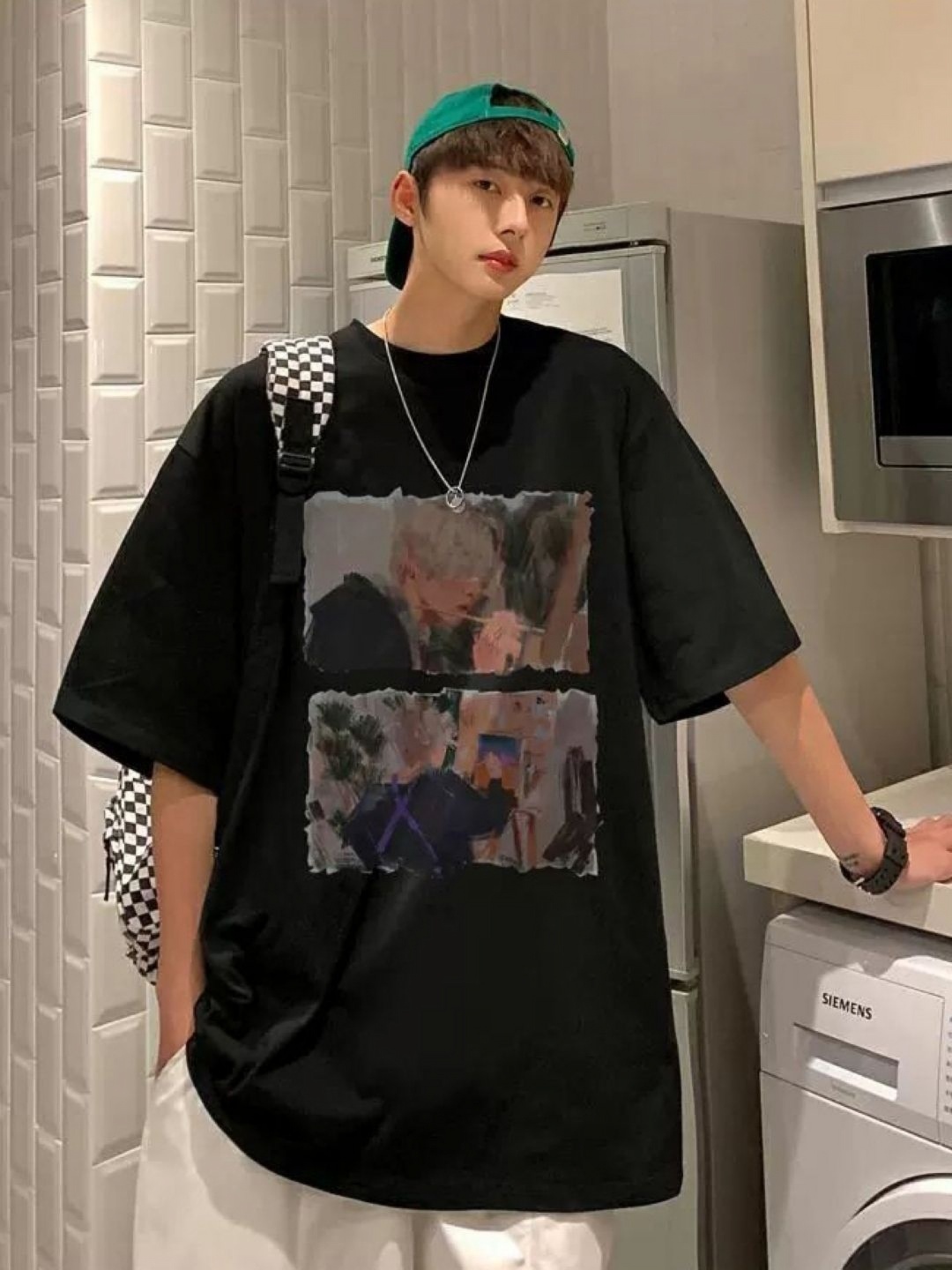 

HERE&NOW Men Graphic Printed Round Neck Cotton Oversized T-shirt, Black