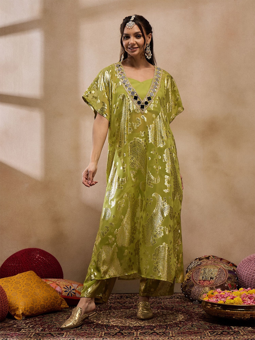 

MABISH by Sonal Jain Floral Woven Design Mirror Work Jacquard Kaftan Kurta With Trouser, Olive