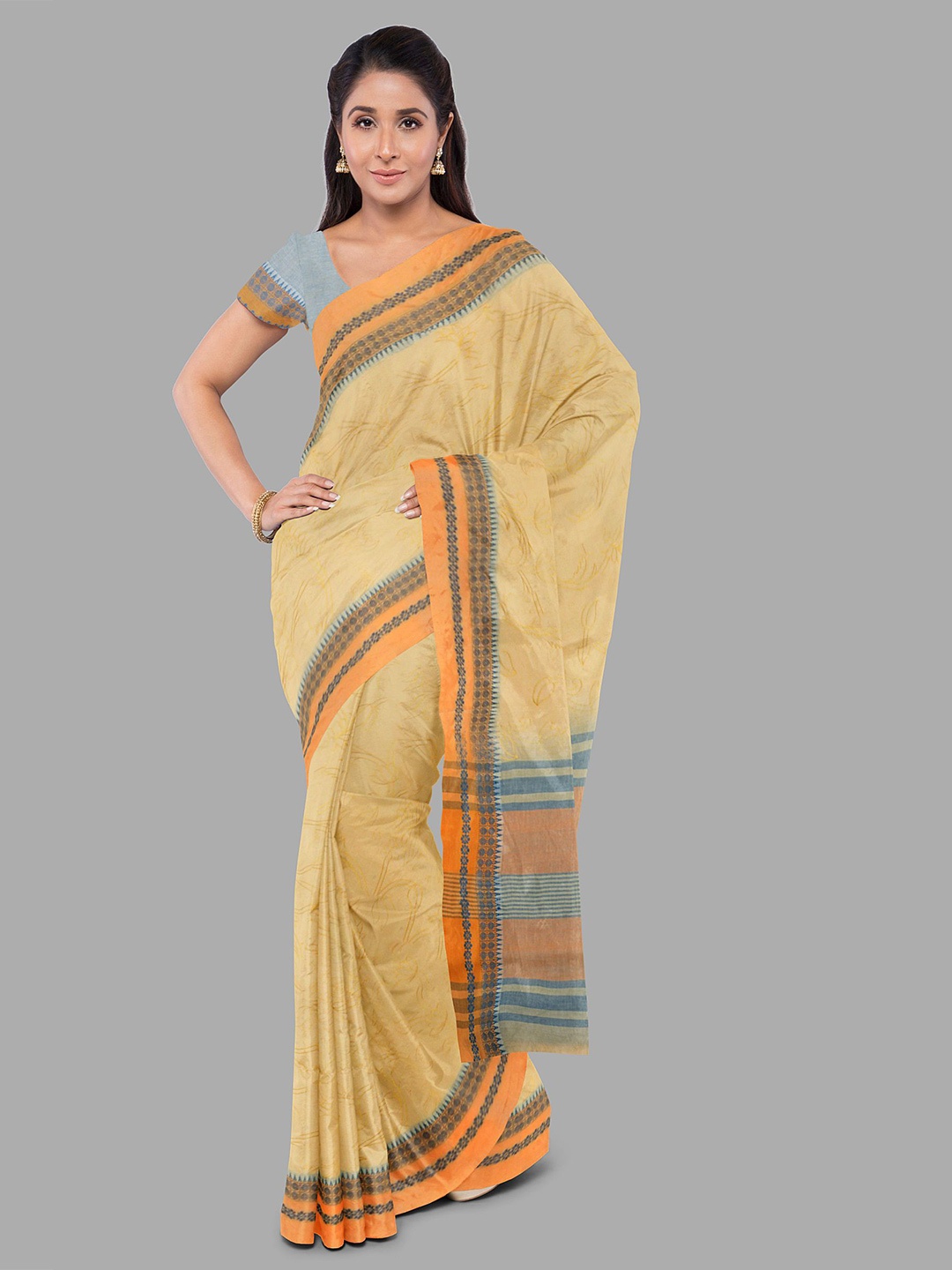 

The Chennai Silks Floral Printed Pure Cotton Fusion Muga Saree, Cream