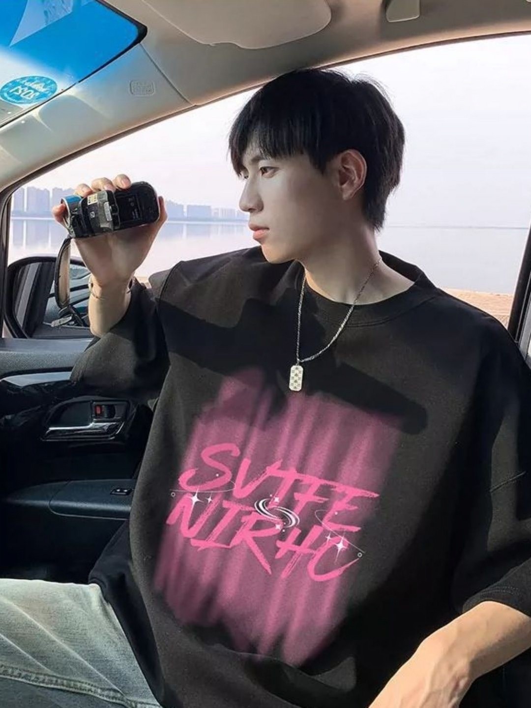 

HERE&NOW Men Typography Printed Round Neck Cotton Oversized T-shirt, Black