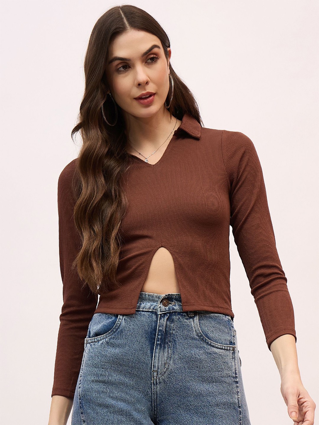 

Mayra Women Shirt Collar Long Sleeve fitted Crop Top, Brown