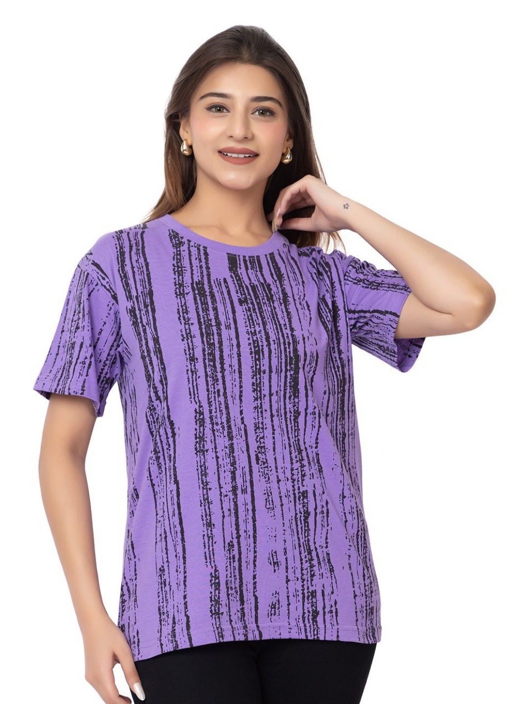 

HILFIRE REGION Women Striped Round Neck Cotton T-shirt, Purple