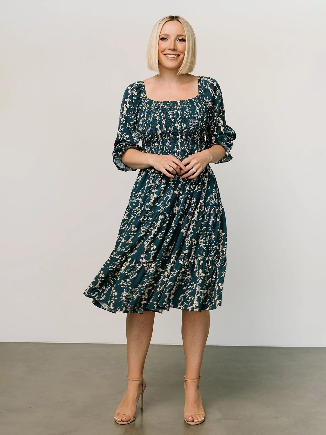 

BAESD Floral Printed Bell Sleeve Crepe Fit & Flare Dress, Teal
