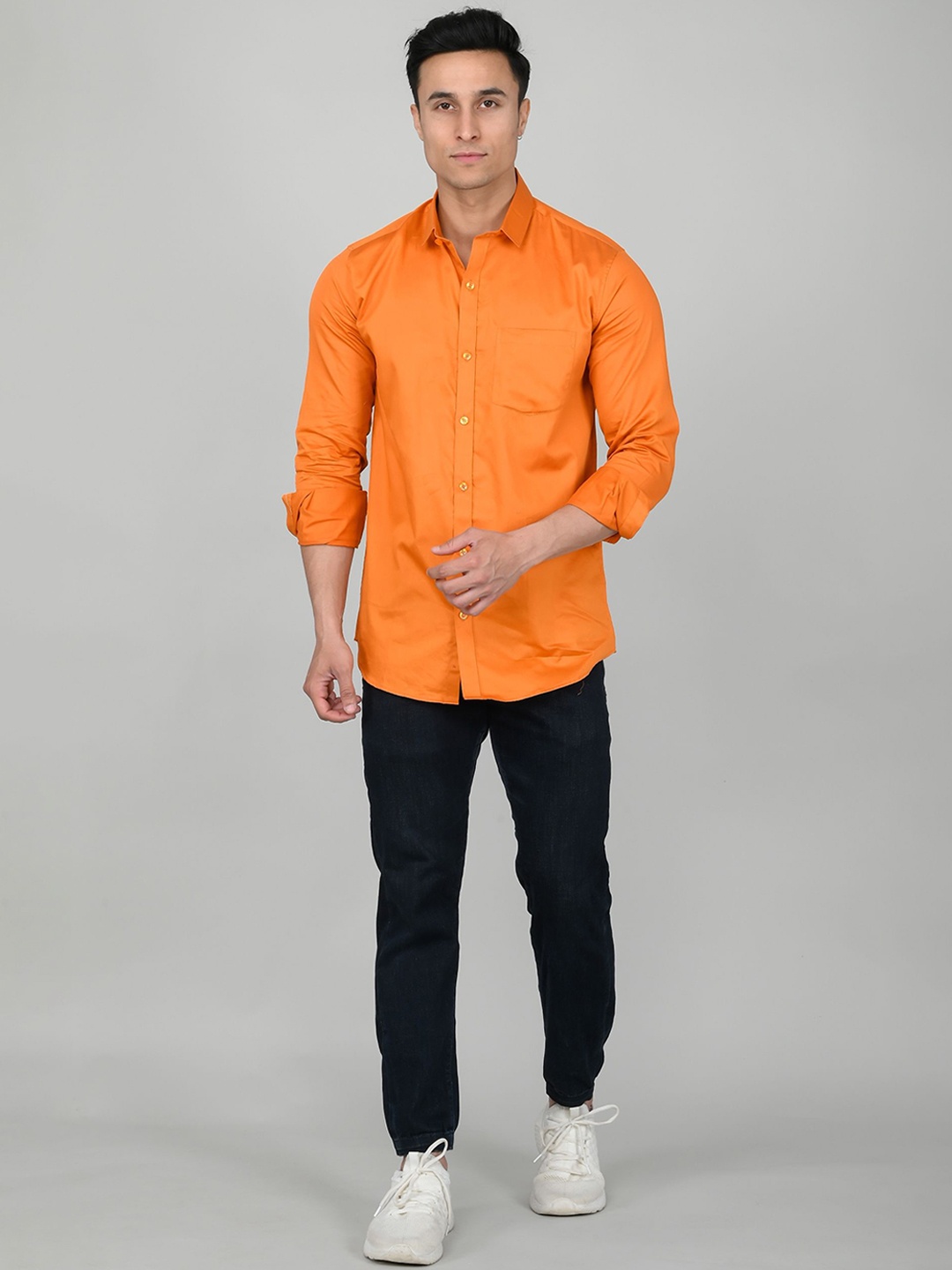 

Tanip Men Spread Collar Solid Cotton Casual Shirt, Orange