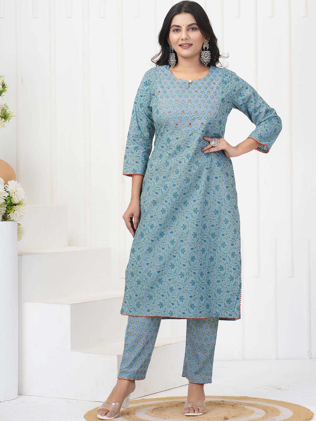 

KALINI Floral Printed Mirror Work Keyhole Neck Straight Kurta With Trouser, Blue