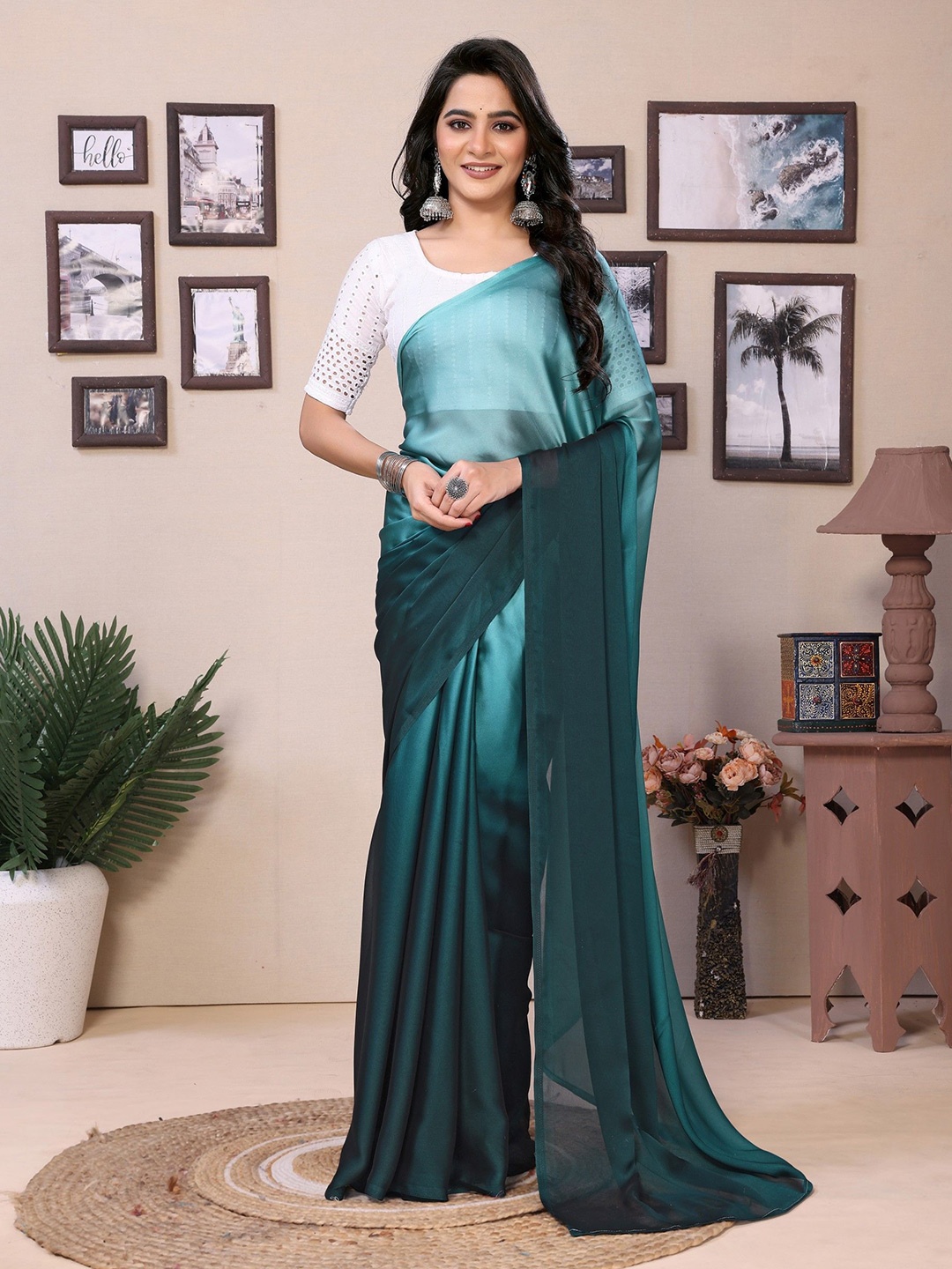 

LeeliPeeri Designer Ombre Satin Ready to Wear Saree, Blue