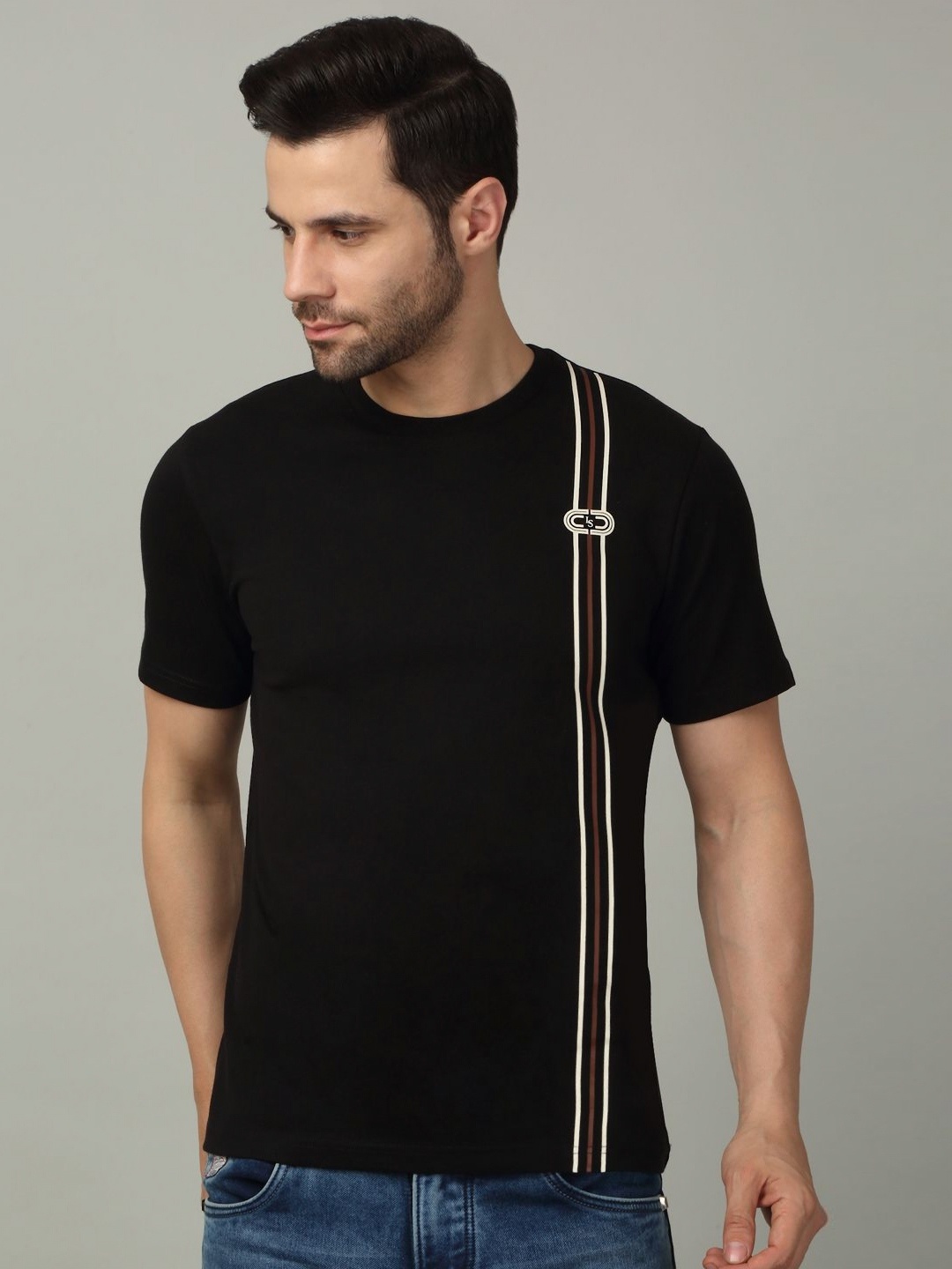 

LOUIS STITCH Men Pure Cotton Striped T-shirt, Black