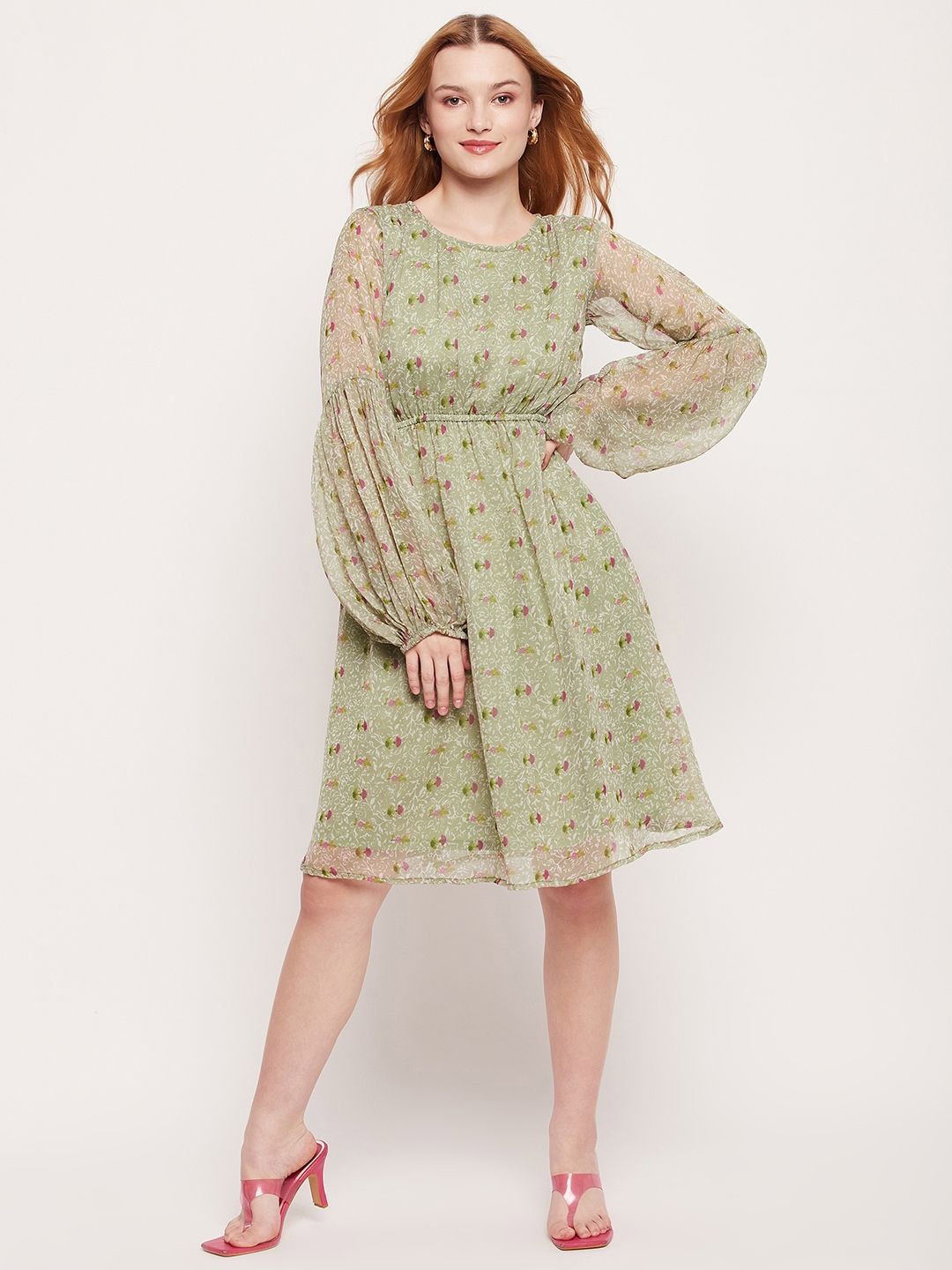 

DressBerry Women Floral Printed Puff Sleeve Fit & Flare Dress, Green