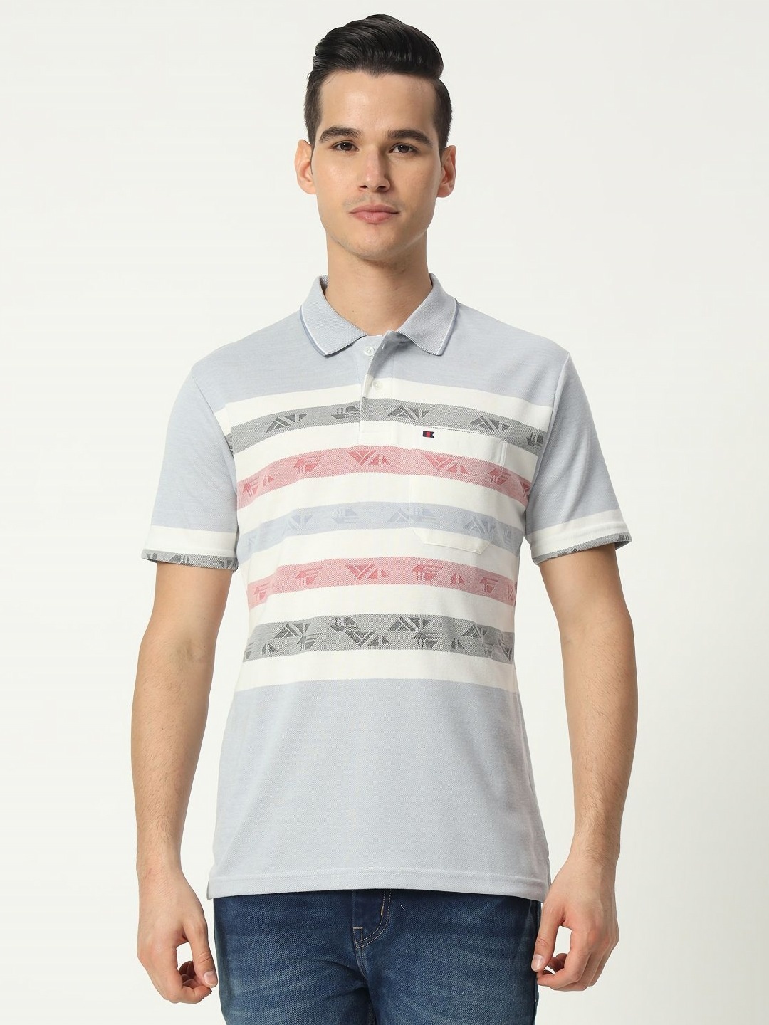 

TAB91 Men Striped Polo Collar Cotton T-shirt, Blue