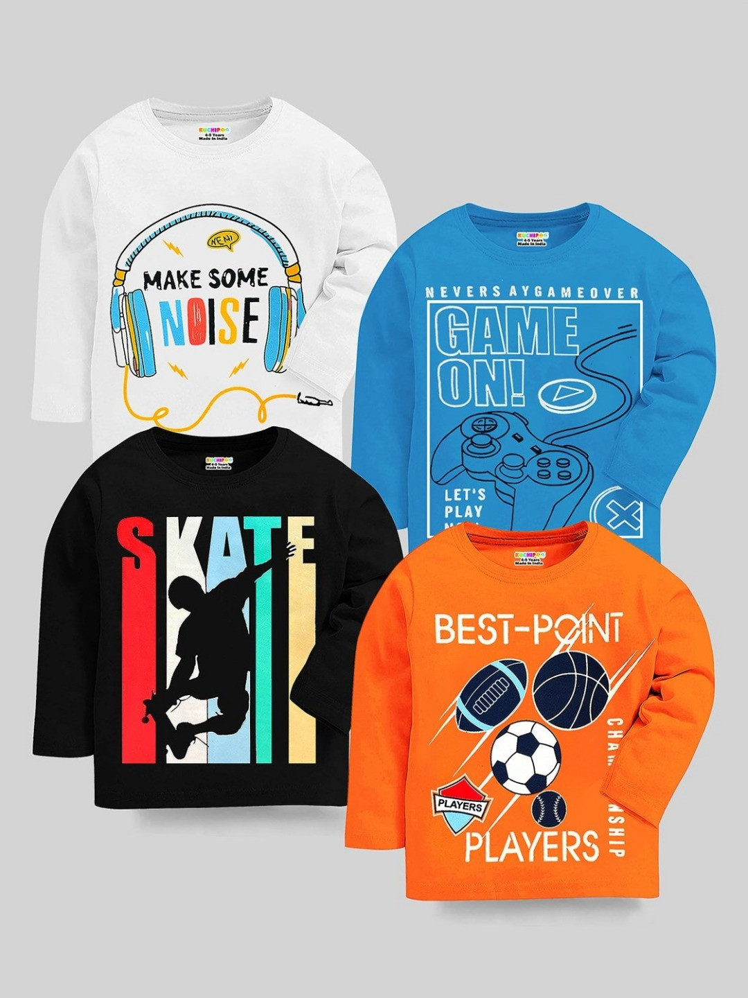 

KUCHIPOO Boys Pack Of 4 Graphic Printed Round Neck Cotton T-shirts, White