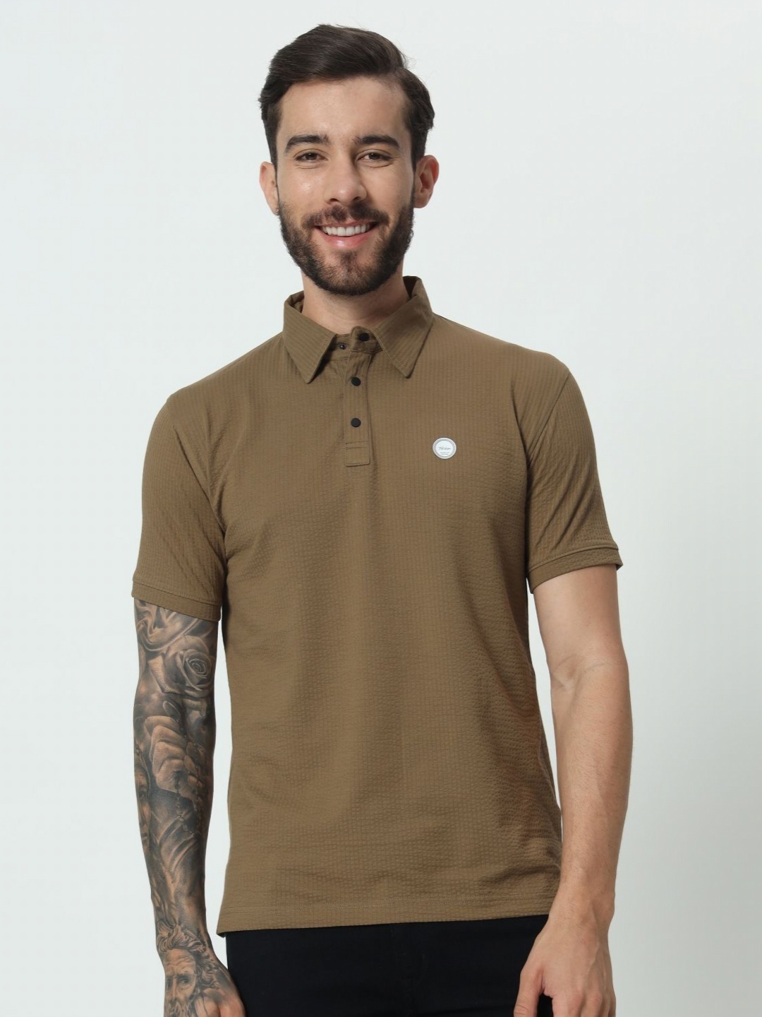 

TAB91 Men Self Design Polo Collar Cotton T-shirt, Olive