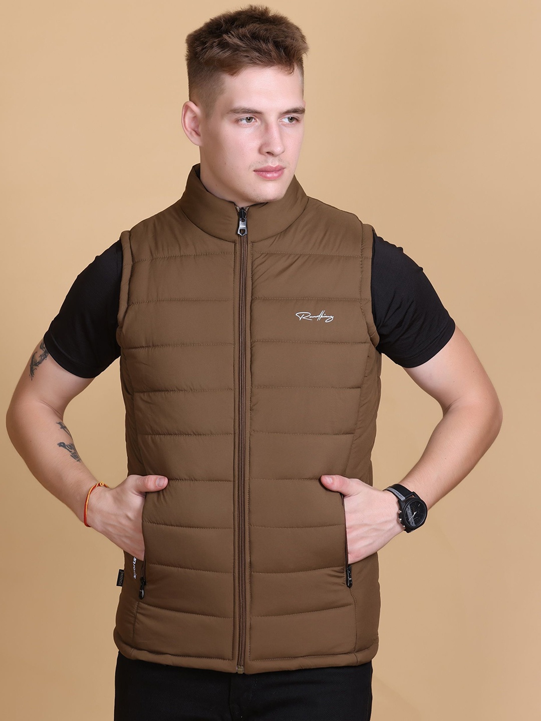 

Roadking Men Mock Collar Solid Casual Gilet Jacket, Coffee brown