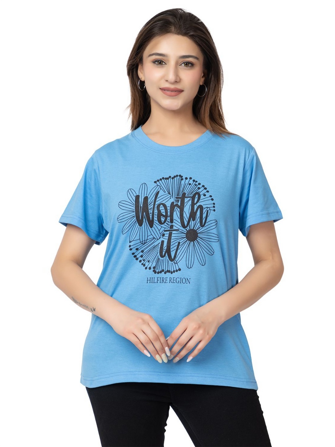 

HILFIRE REGION Women Graphic Printed Round Neck Cotton T-shirt, Blue