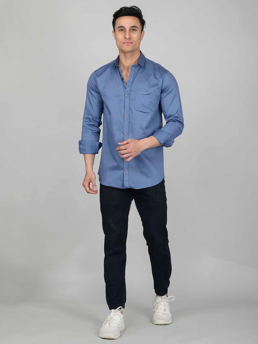 

Tanip Men Spread Collar Solid Cotton Casual Shirt, Blue