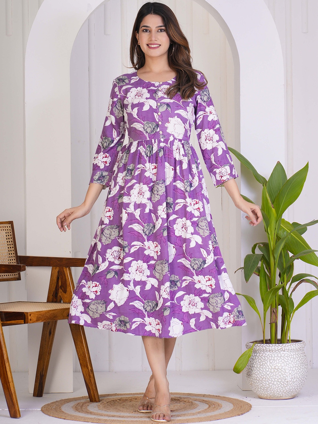 

KALINI Floral Printed Regular A-Line Ethnic Dress, Purple