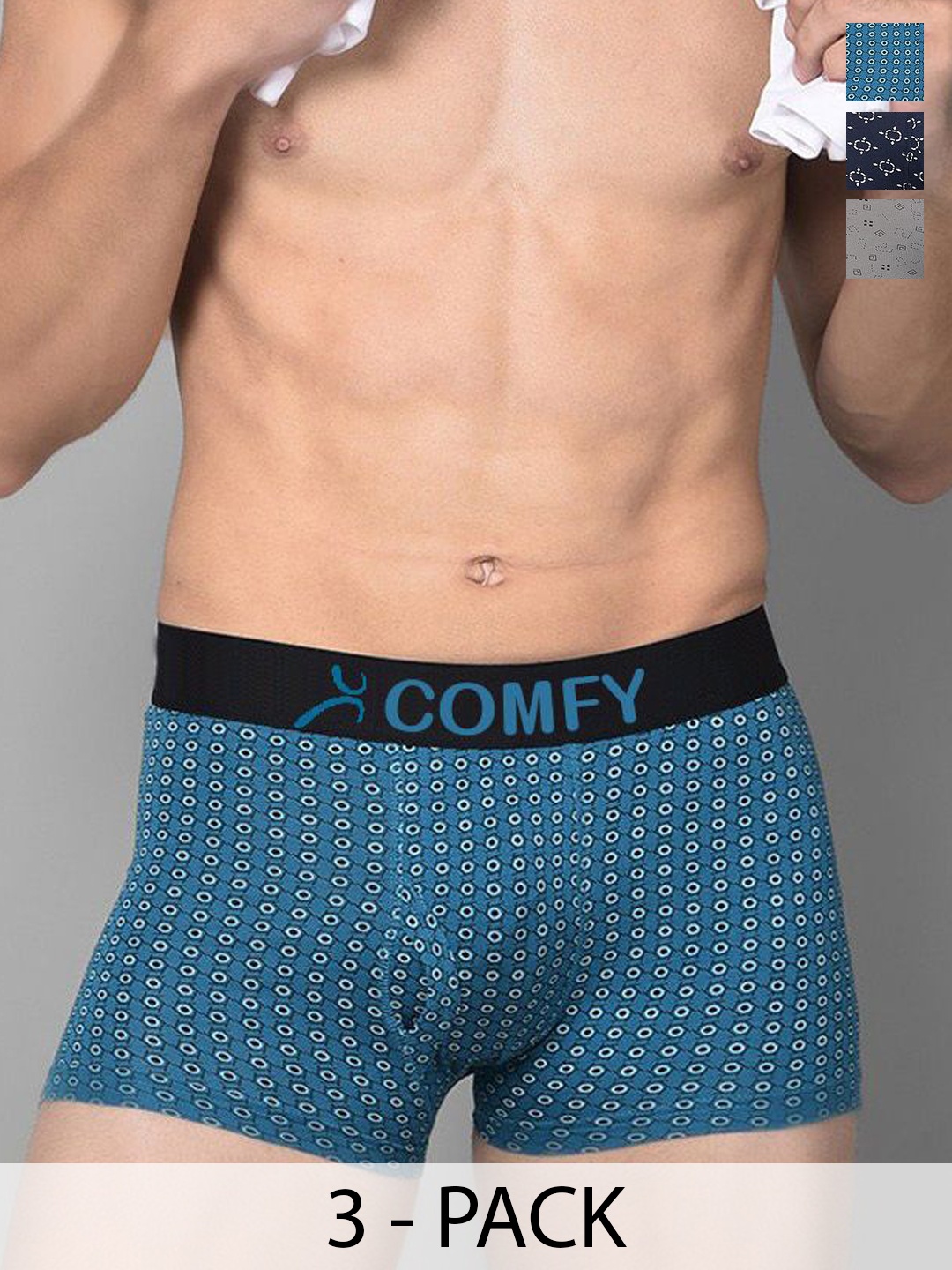

AMUL COMFY Men Pack Of 3 Assorted Pure Cotton Trunks - Comfy-Printed-Trunk-OE-3-100, Blue