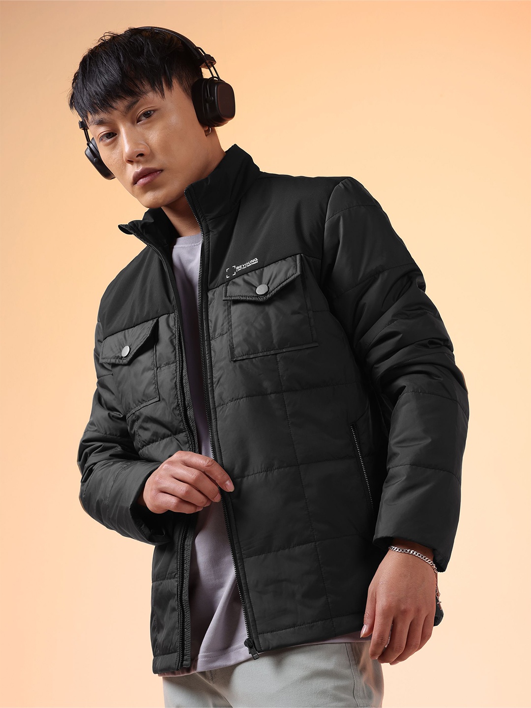

Beyoung Men Mock Collar Solid Casual Padded Jacket, Black