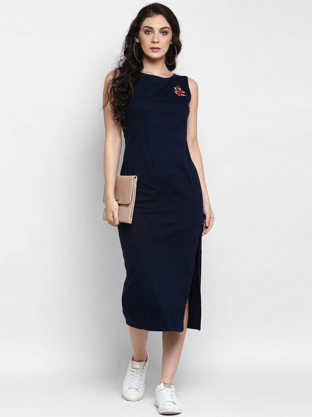 

Zima Leto Women Cotton Sheath Midi Dress, Navy blue