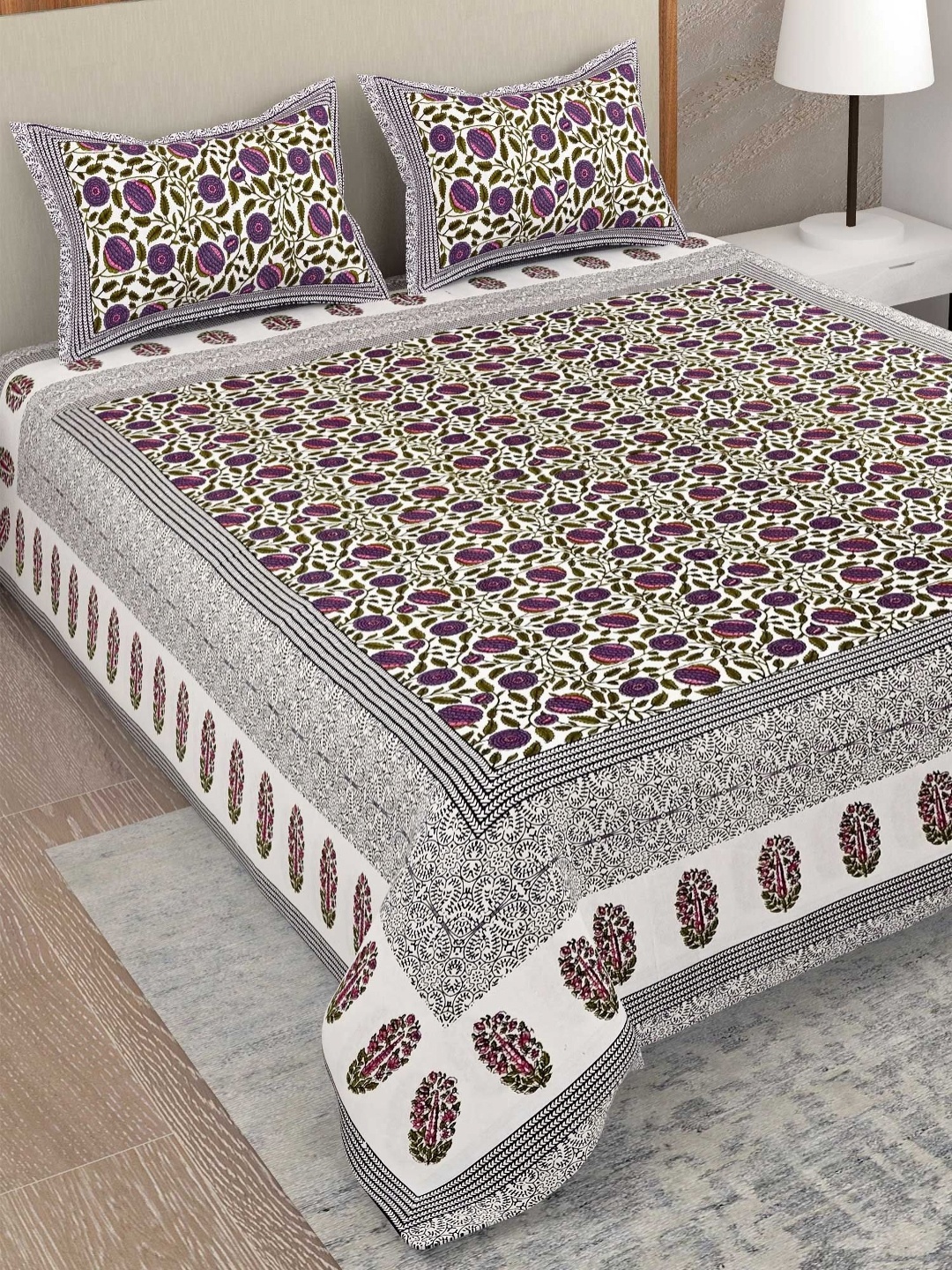 

Adwitiya Purple & Green Floral 300 TC Pure Cotton Double King Bedsheet Set 2.74 m x 2.74 m