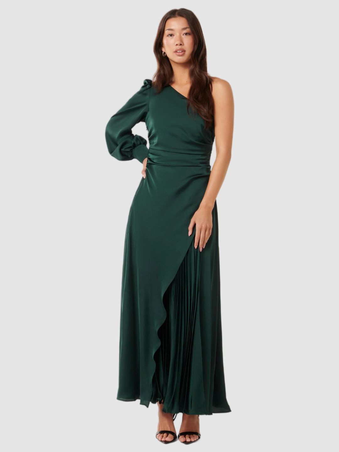 

Forever New Women One Shoulder Bishop Sleeve Fit and Flare Dress, Green