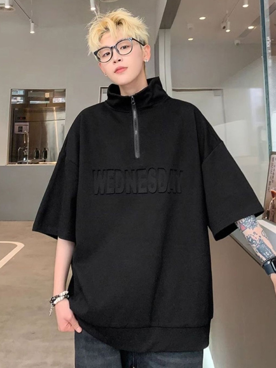 

HERE&NOW Men Typography Printed High Neck Oversized T-shirt, Black