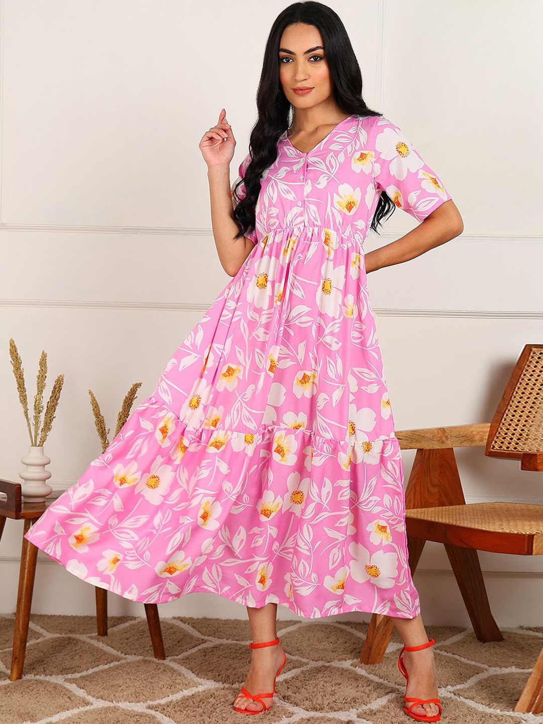 

DressBerry Floral Printed Crepe Fit & Flare Maxi Dress, Pink