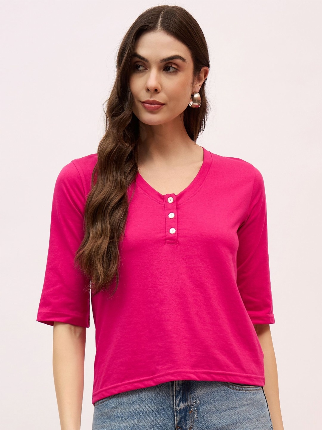 

Mayra Women Solid V-Neck Cotton T-shirt, Fuchsia