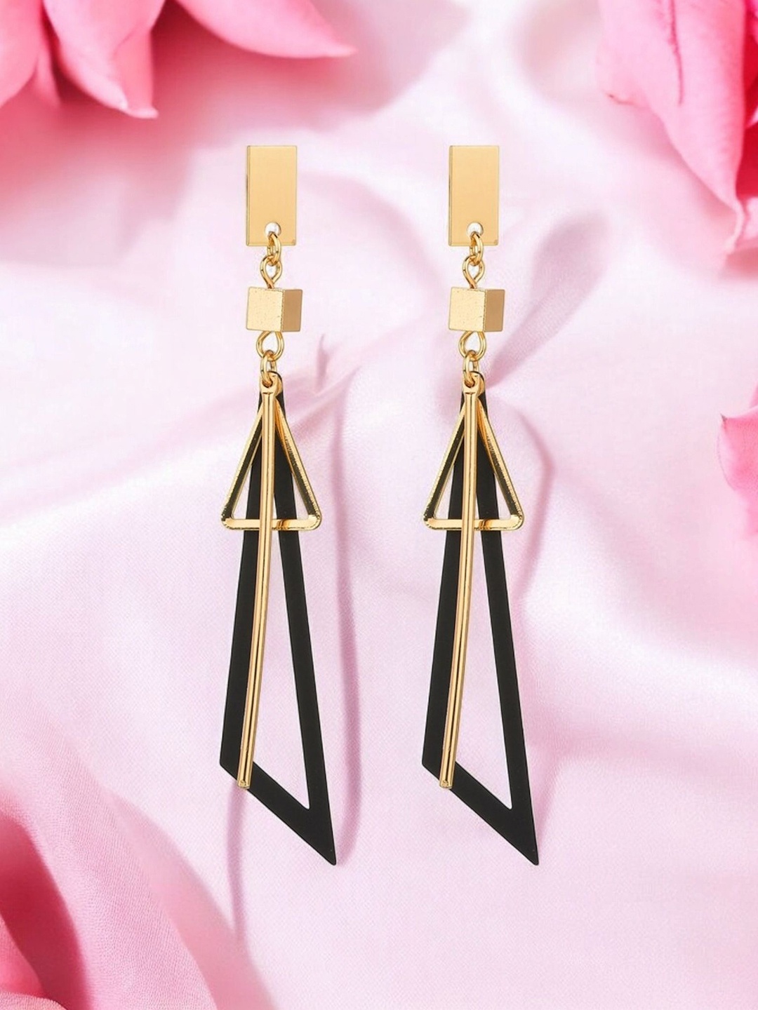 

Nilu's Collection Set Of 2 Gold-Plated Fancy Hollow Triangle Long Geometric Drop Earrings