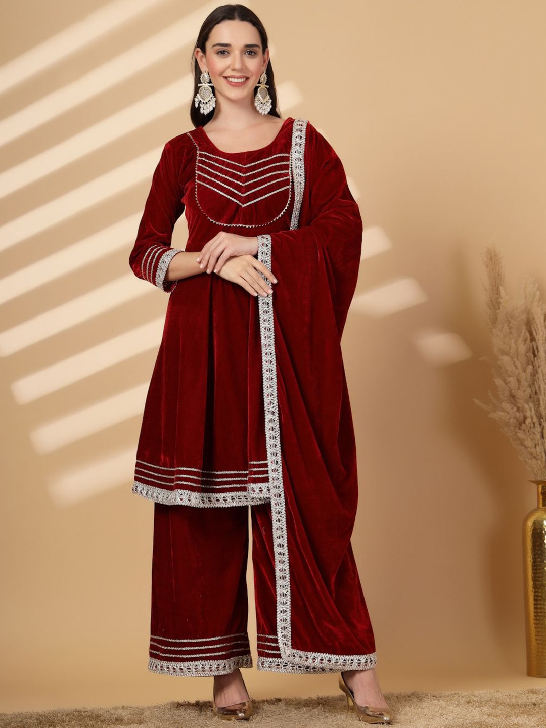 

Clora Creation Yoke Design Gotta Patti Velvet Anarkali Kurta With Palazzos & Dupatta, Maroon