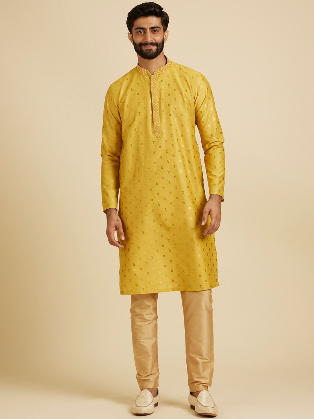 

Manyavar Woven Design Mandarin Collar Straight Kurta With Pyjamas, Yellow