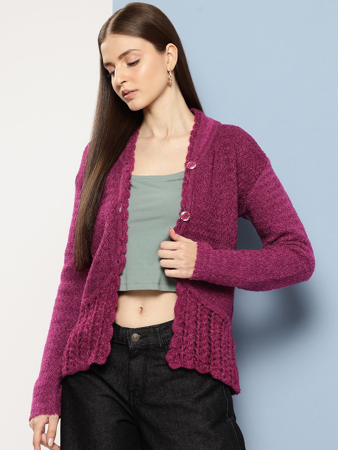 

BAESD Women Self Design V-Neck Long Sleeves Woollen Cardigan, Purple