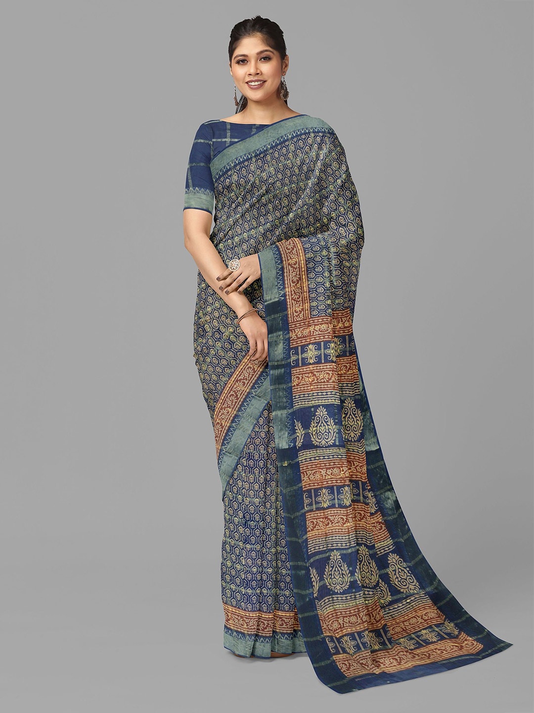 

The Chennai Silks Ethnic Motifs Printed Pure Cotton Fusion Muga Saree, Navy blue