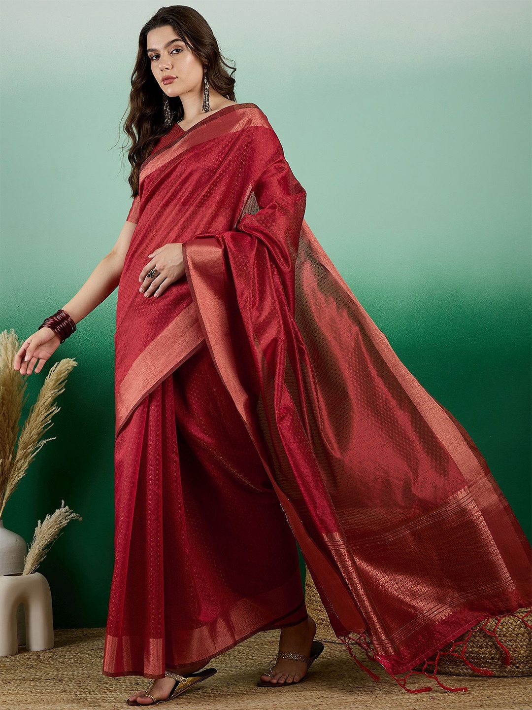 

Mitera Woven Design Zari Organza Saree, Red