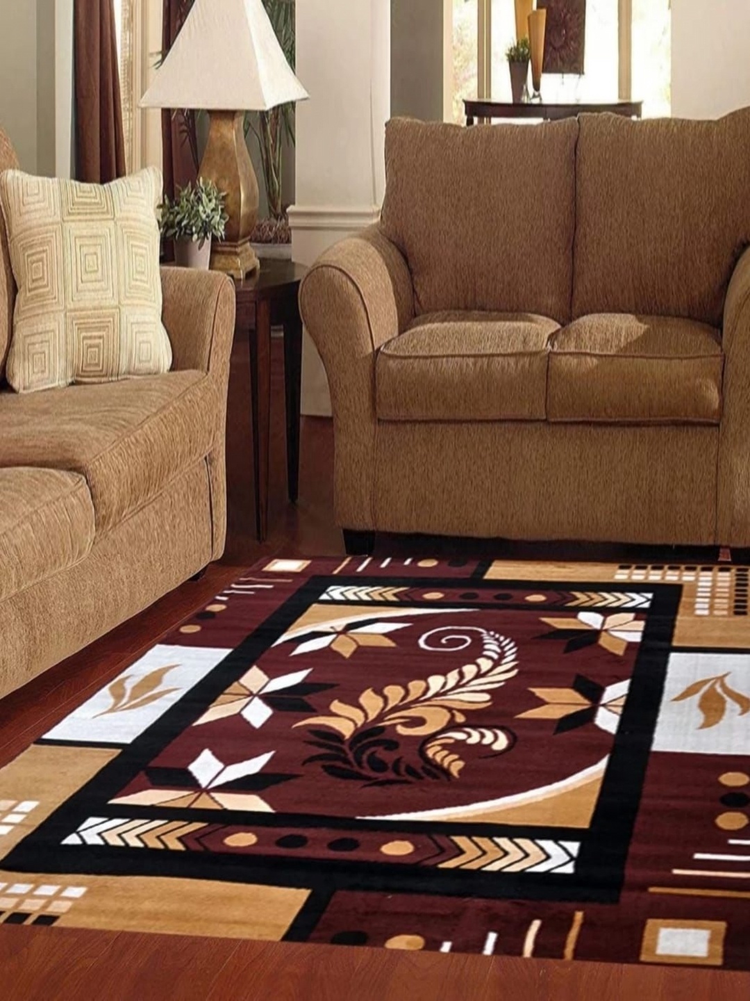 

Samjeeda Handloom carpets Black & Maroon Geometric Anti-Skid Carpet