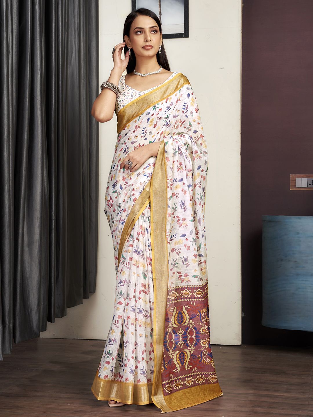 

KALINI Ethnic Motifs Printed Zari Saree, White