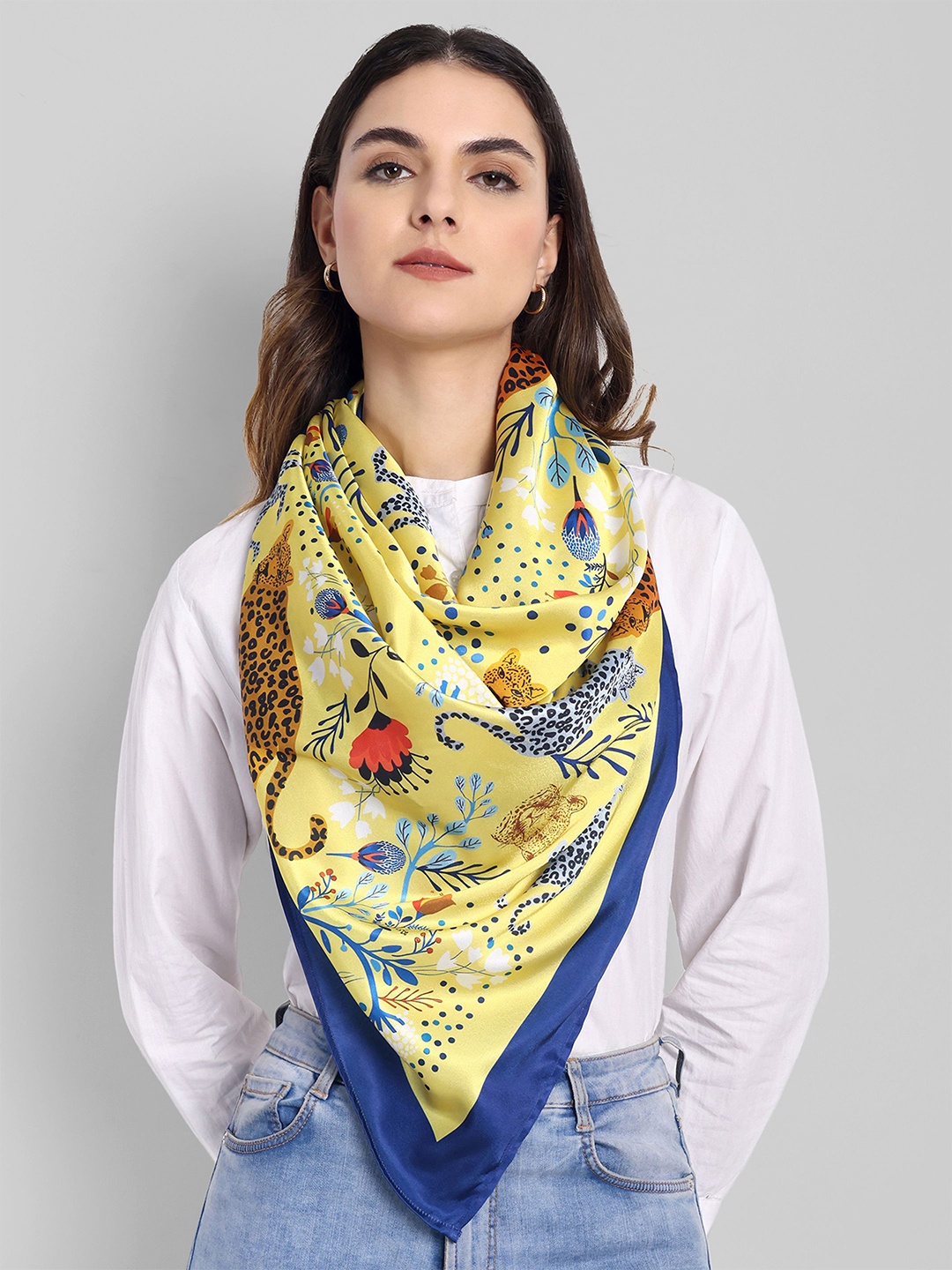 

Sarisp Women Satin Printed Scarf, Yellow