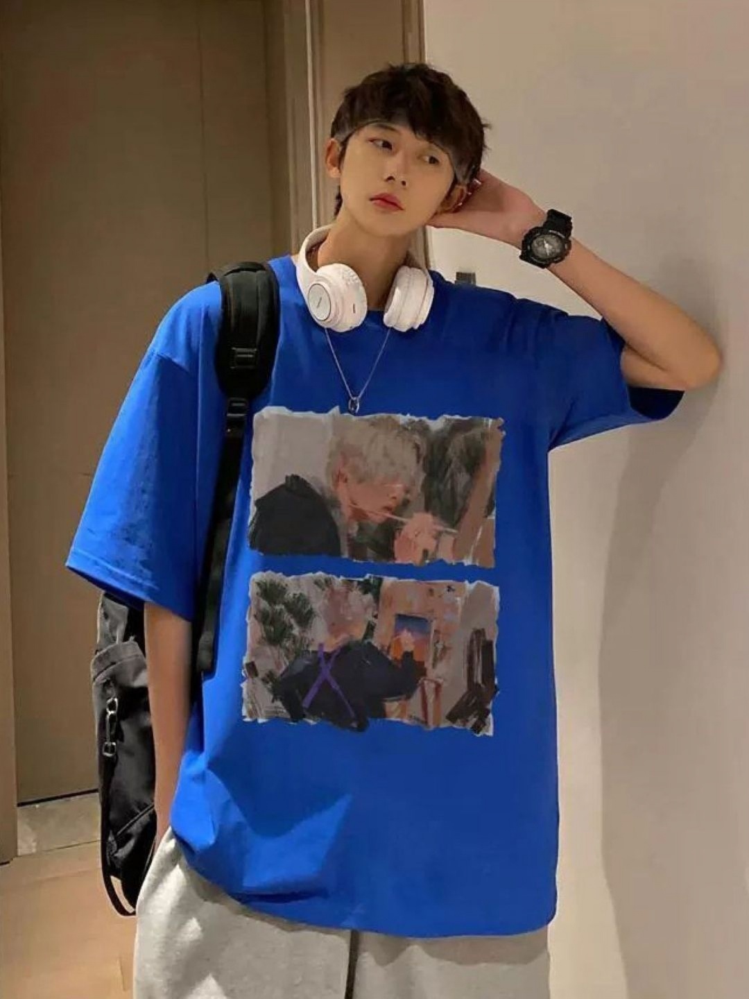 

HERE&NOW Men Graphic Printed Round Neck Cotton Oversized T-shirt, Blue