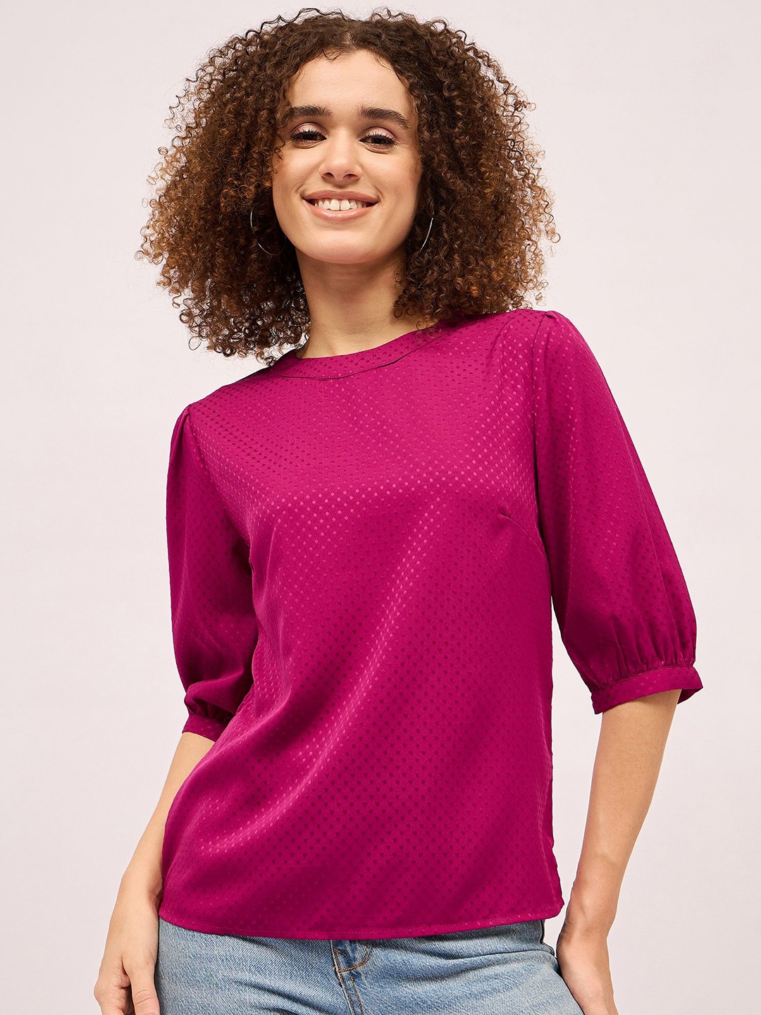 

Mayra Women Self Design Round Neck Top, Fuchsia