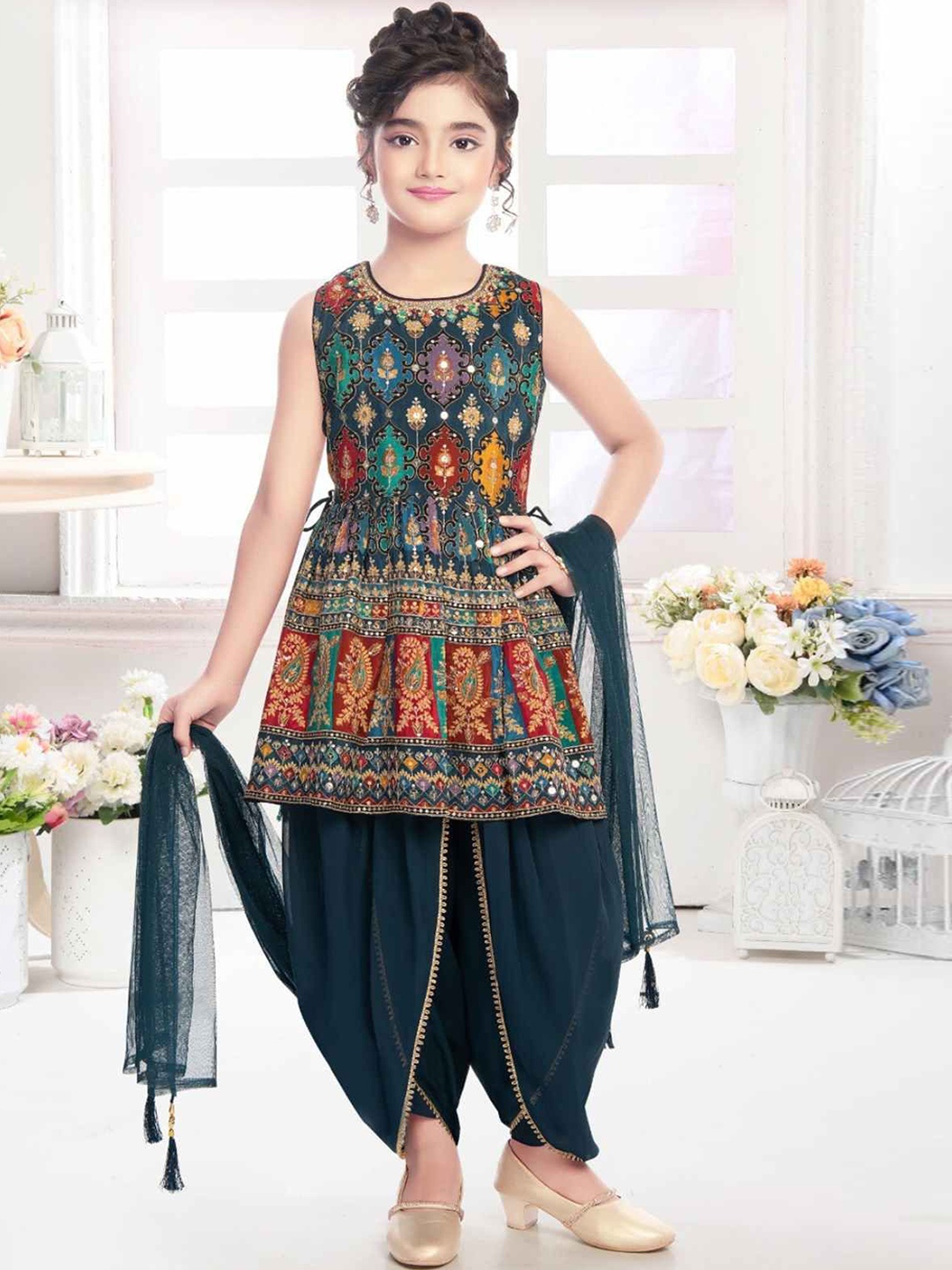 

Lagorii Girls Ethnic Motifs Printed Empire Kurti with Dhoti Pants & Dupatta, Blue
