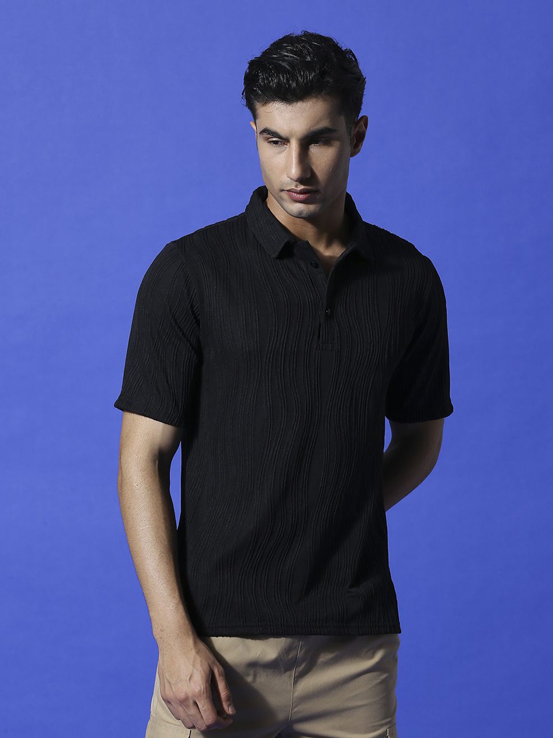 

HERE&NOW Men Self Design Polo Collar Cotton T-shirt, Black