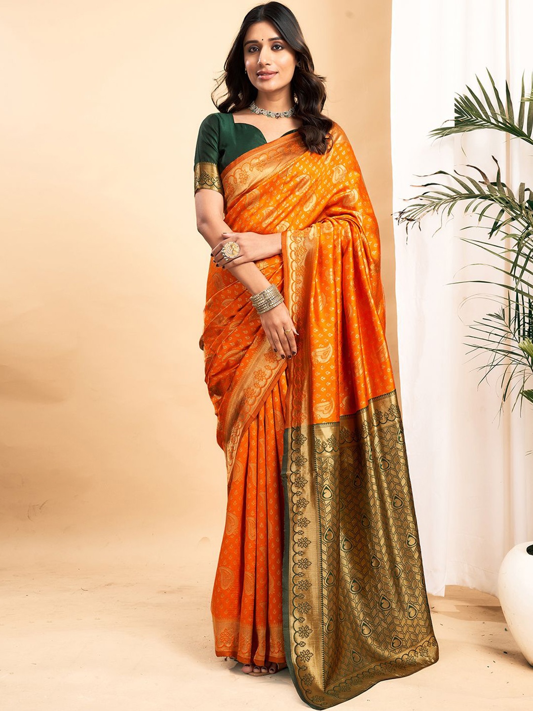 

KALINI Woven Design Zari Silk Blend Banarasi Saree, Orange