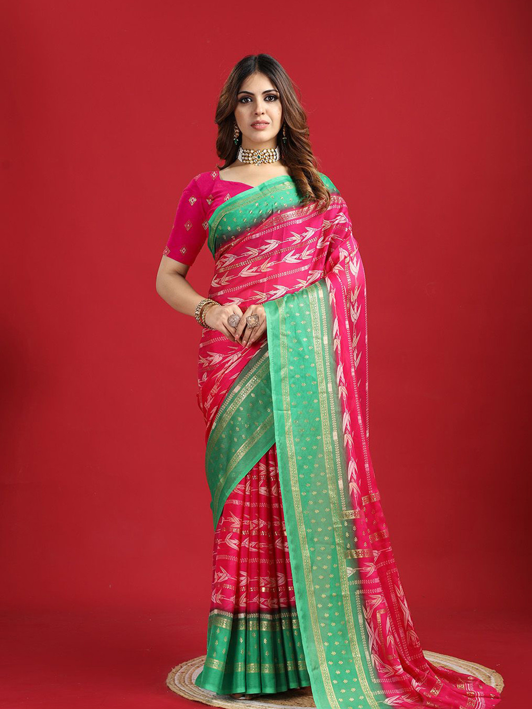 

NIRMAL CREATION Abstract Printed Saree With Blouse Piece, Rose