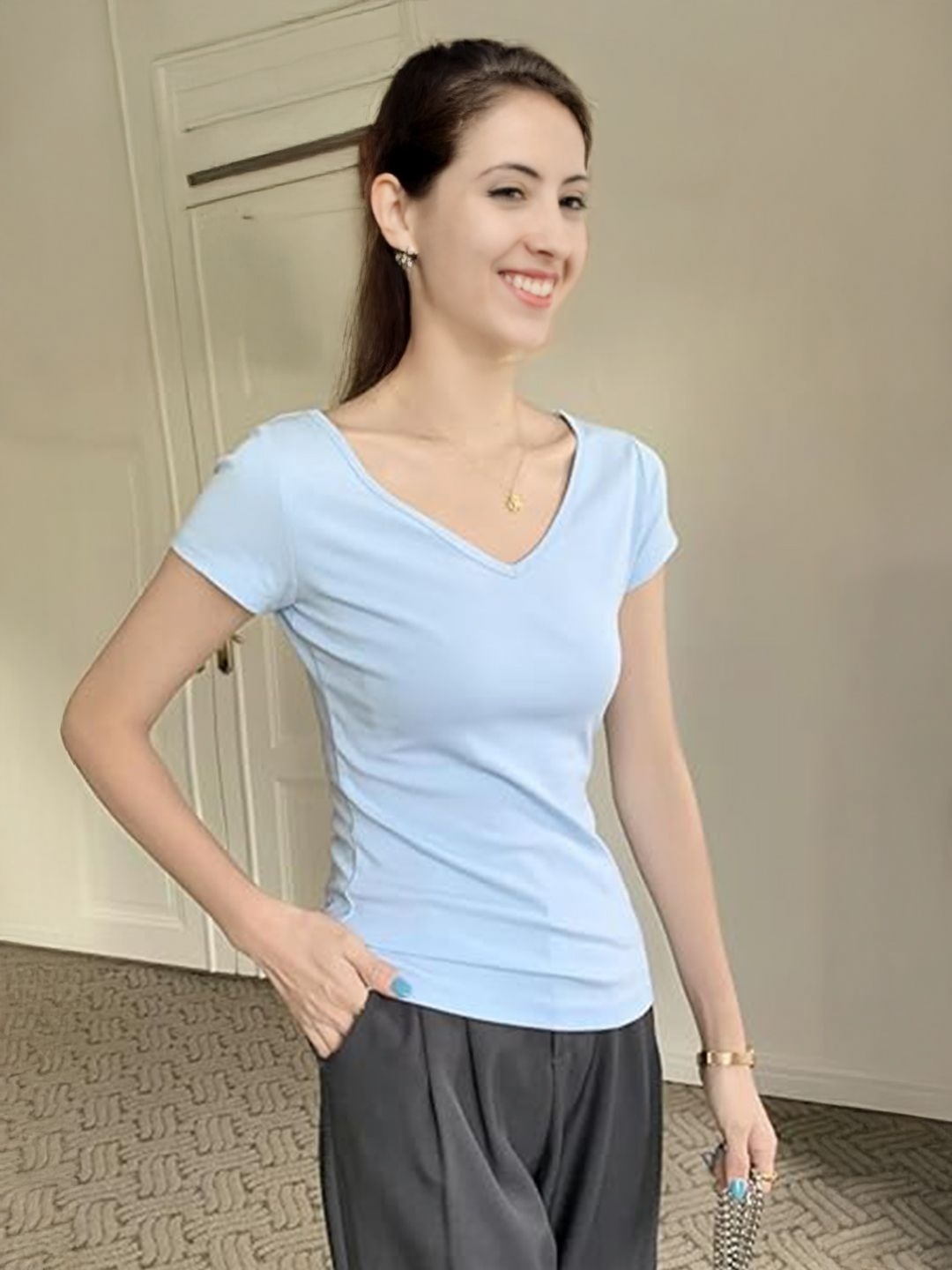 

StyleCast Women Solid V-Neck T-shirt, Blue
