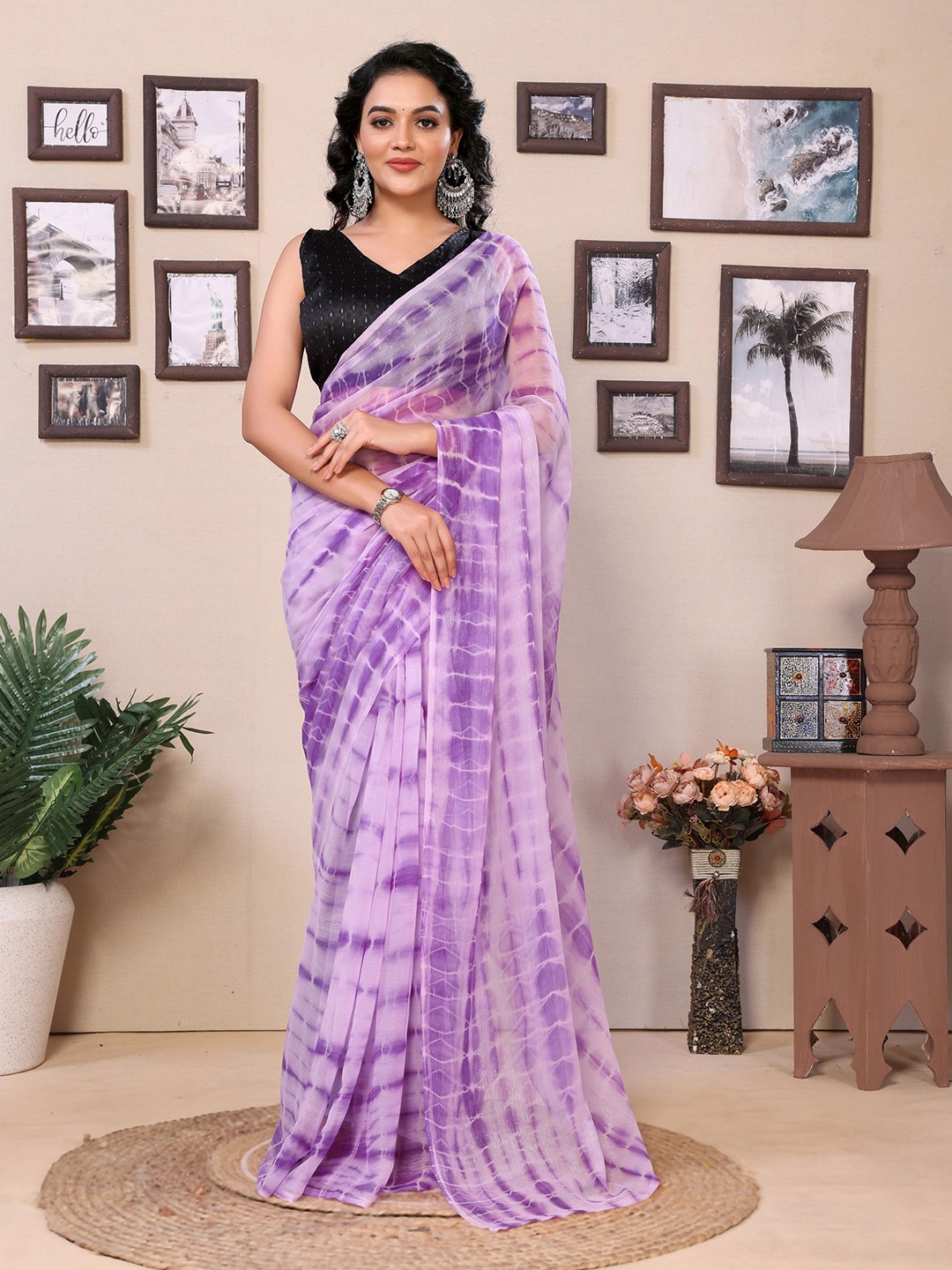 

LeeliPeeri Designer Tie and Dye Printed Pure Georgette Ready To Wear Saree, Purple