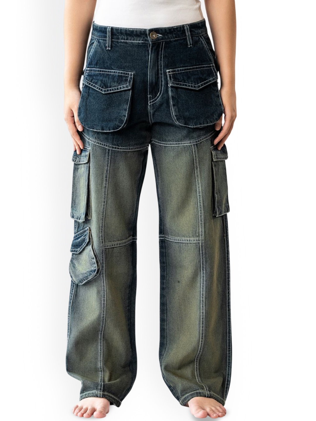 

Bad and Boujee Unisex Relaxed Fit Low Distress Heavy Fade Stretchable Jeans, Blue